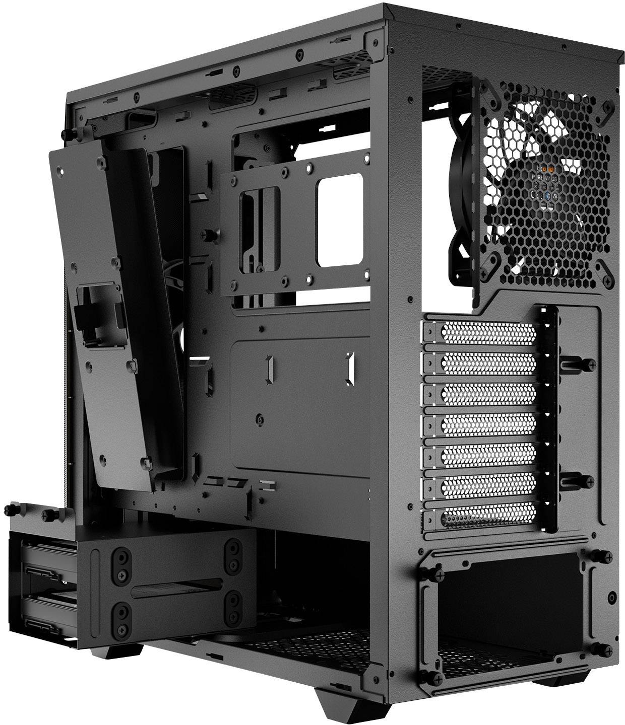 Zwart pc-behuizing in geopende toestand. Zichtbare ventilatieopening, uitbreidingssleuven en interne framestructuur.