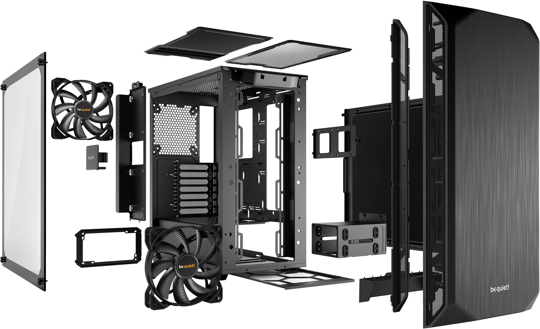 'Geëxplodeerde weergave van een pc-behuizing met meerdere componenten: ventilatoren, zijpanelen, frame en aansluitingen, allemaal in het zwart.'