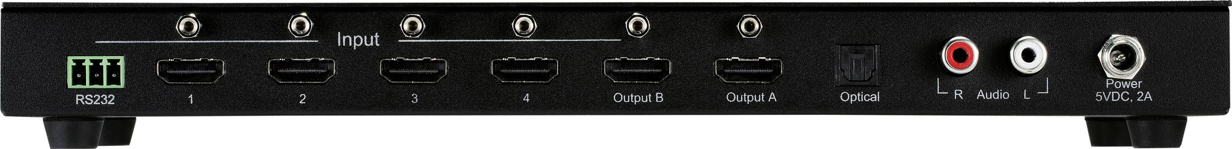 Achterkant van een elektronisch apparaat met meerdere HDMI-poorten, optische uitgang, RCA-audio-aansluiting en stroomaansluitpunt.