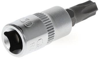 Een zilverkleurige Torx-bit-sleutel met een geprofileerde greep. De bit is donker en heeft zes punten.