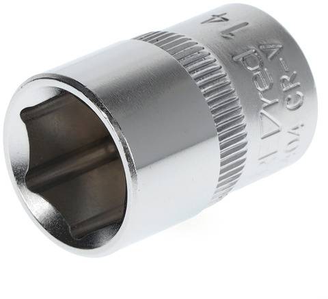Metalen dopsleutel met gekartelde greep en gegraveerde aanduiding. Gereedschap voor het vergroten van het draaimoment bij schroevendraaiers.