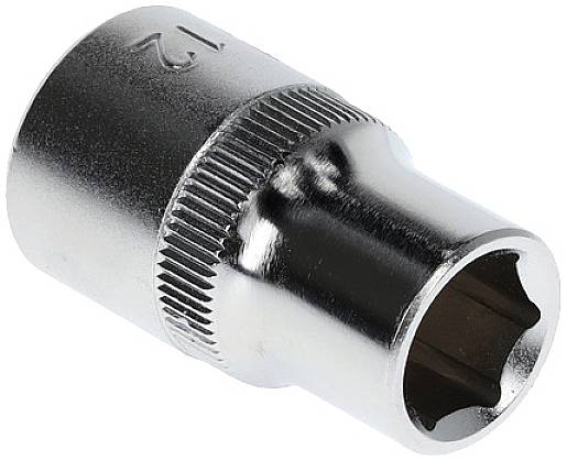 Een zilveren zeskantdop van 12 mm. Glanzend oppervlak, geribbeld midden voor betere grip. Gereedschap voor schroefwerkzaamheden.