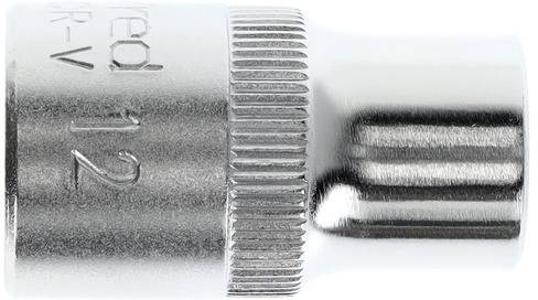 Een zilveren steekmoer met de markering '12 mm', spiegelglad en van metaal. Deze wordt gebruikt in de context van gereedschapsinzetstukken.