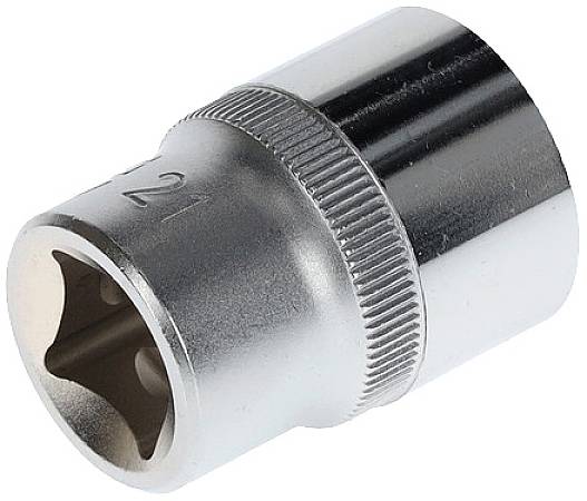 Metalen dopsleutelopzetstuk voor schroeven en moeren, zilverkleurig, met rond, getand binnenprofiel, geschikt voor handgereedschap.