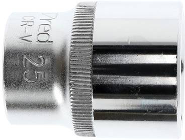 Metalen moer, maat 25, voor steeksleutelset. Zilver glanzend met geribbeld oppervlak voor betere grip.