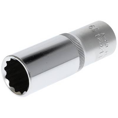 Een zilveren zeskantdop van 19 mm, geschikt voor gebruik met een steeksleutel of ratel.