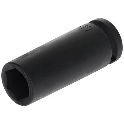 Een zwarte dopmoer, geschikt voor gebruik met een momentsleutel of ratelgereedschap, op witte achtergrond.