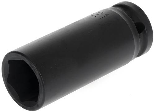 Zwart gelakte zeskant dopsleutel, 21 mm, voor gebruik met steeksleutels, op witte achtergrond.