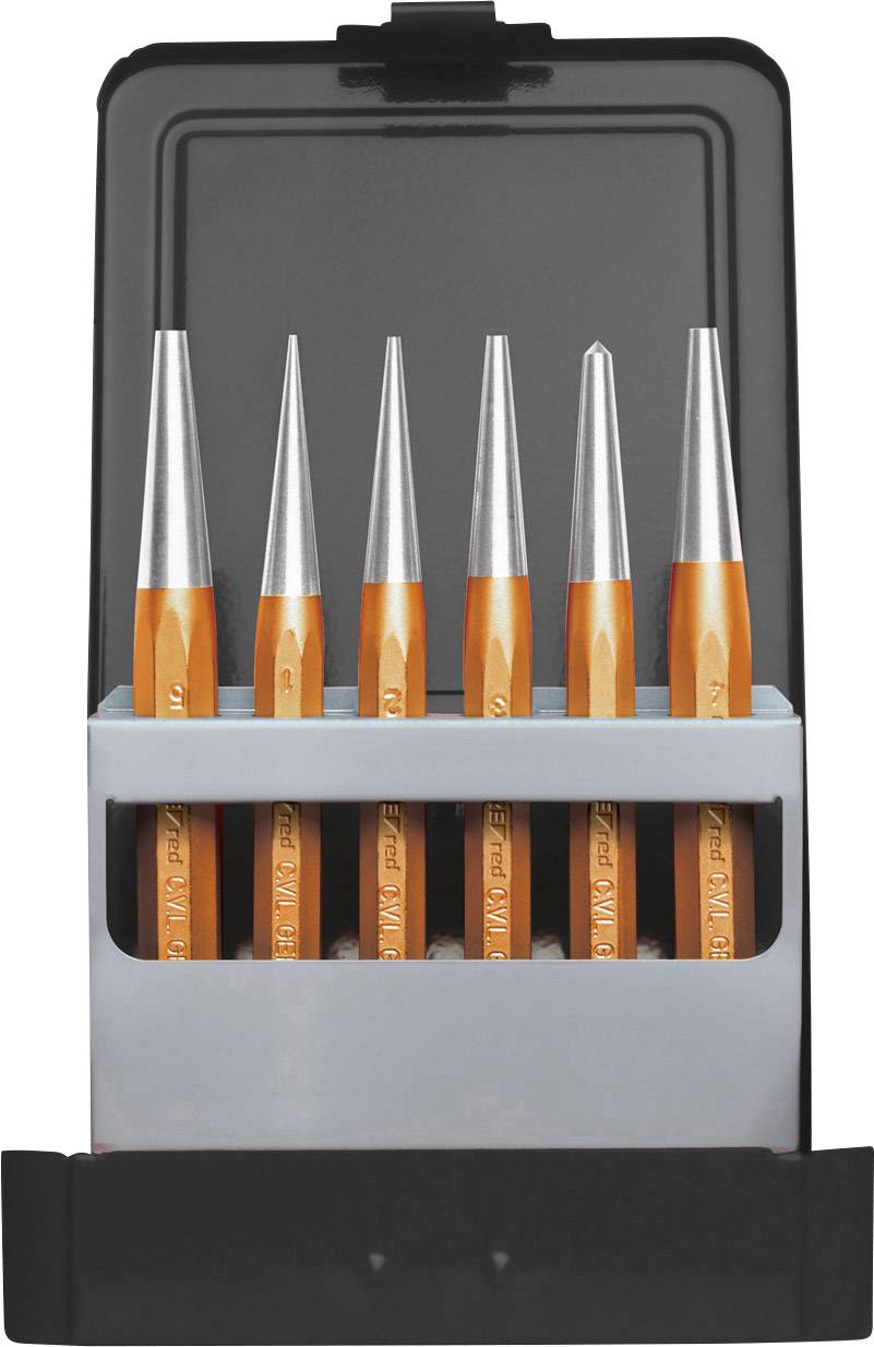 Een set van zes oranje metalen gereedschappen in een zwarte en grijze houder, elk met een puntig toelopend uiteinde, klaar voor gebruik.