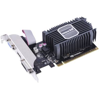 Videokaart met zwarte koelplaat en Inno3D-logo. Toont een PCIe-interface en VGA-aansluiting. Model van NVIDIA.