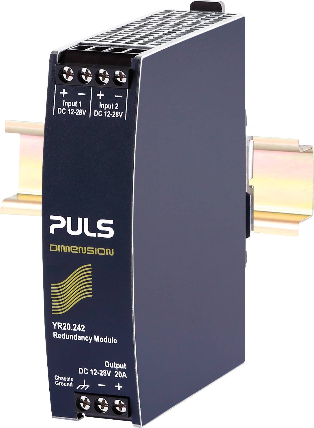 Redundantiemodule van Puls, model YR20.242, toont twee ingangen en één uitgang. Tekst: 'Ingang 1' en 'Ingang 2', DC 12-28V, 20A.
