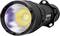 Een zwarte, tactische zaklamp met een gestructureerd oppervlak en een verlichtende LED-lens, gericht op de voorkant.