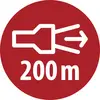 Rood rond verkeersbord met een witte richtingspijl en een afstandsindicator van '200 m'.