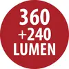 Rood rond embleem met witte tekst '360 +240 LUMEN', wat de lichtopbrengst aangeeft.