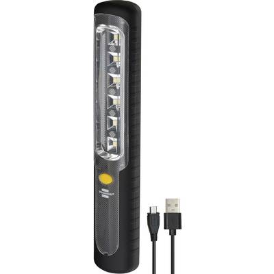 Zwarte draagbare zaklamp met vijf LED-lampen en een gele aan-knop, weergegeven met een USB-oplaadkabel ernaast.