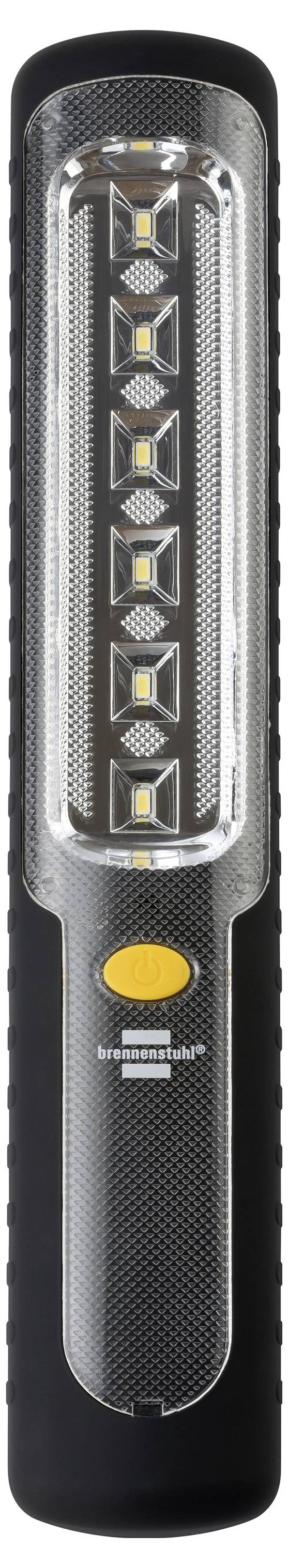 Zwarte draagbare LED-zaklamp met zes verlichte verticale lichtpanelen en een gele ovale knop aan de voorkant.
