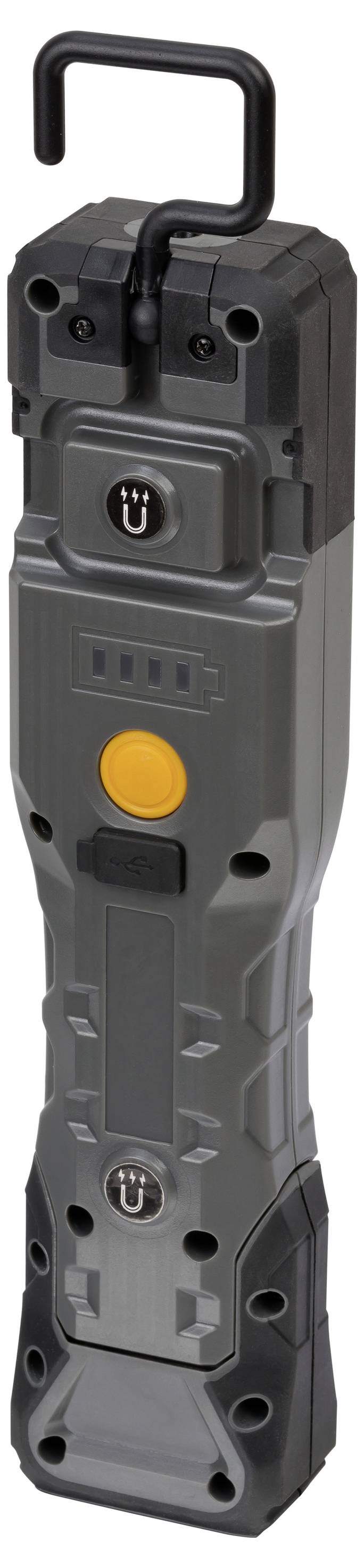 Zwart handheld draagbaar apparaat met een bovenste draaggreep, gele voorkant knop en meerdere montagegatingen, rechtopstaand weergegeven op een witte achtergrond