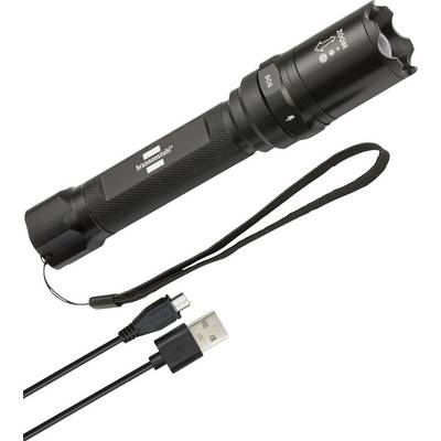 Zwart oplaadbare zaklamp met polsbandje en USB-oplaadkabel op witte achtergrond.