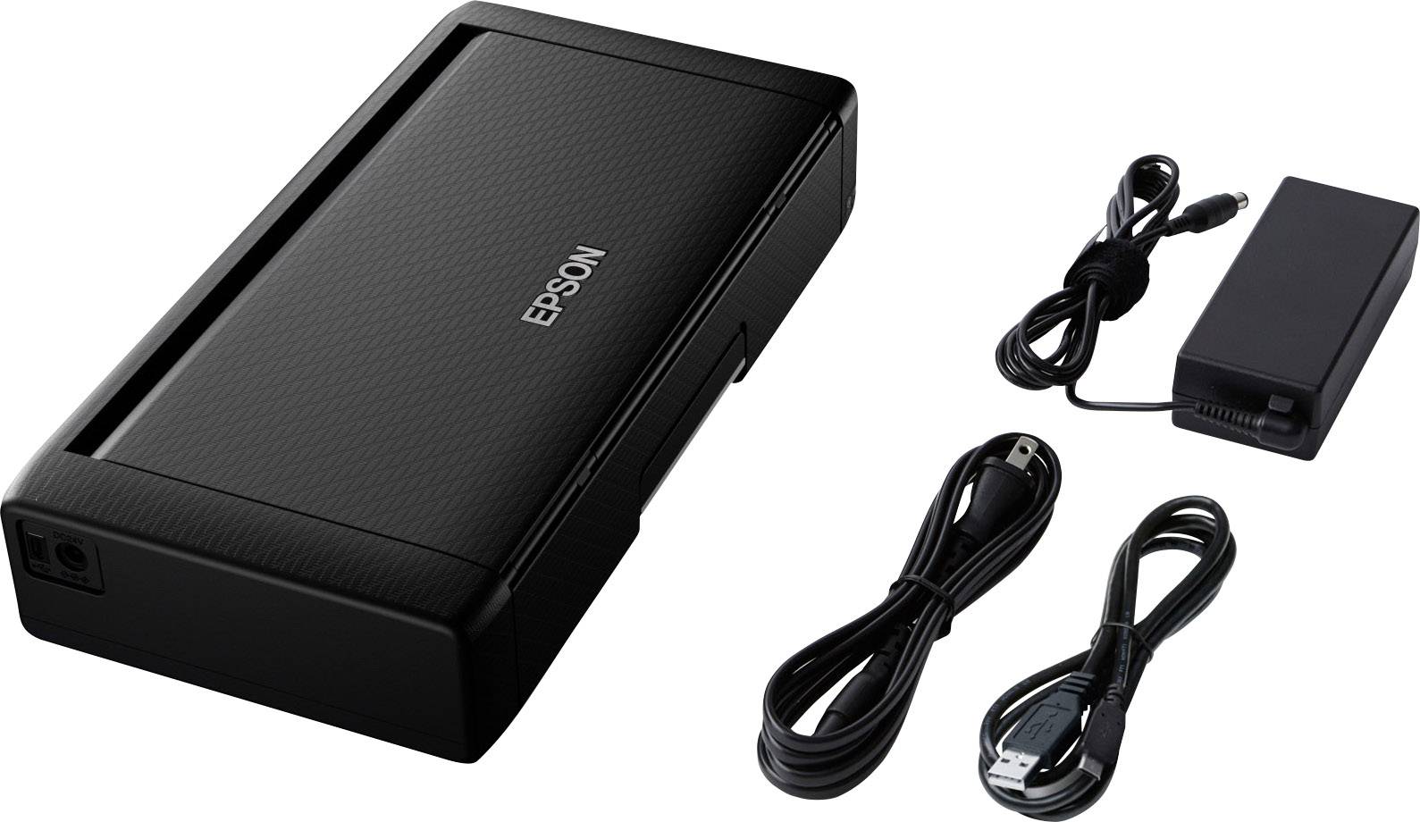 Scanner met voedingsadapter en verbindingskabels. De scanner heeft een compact, zwart design.