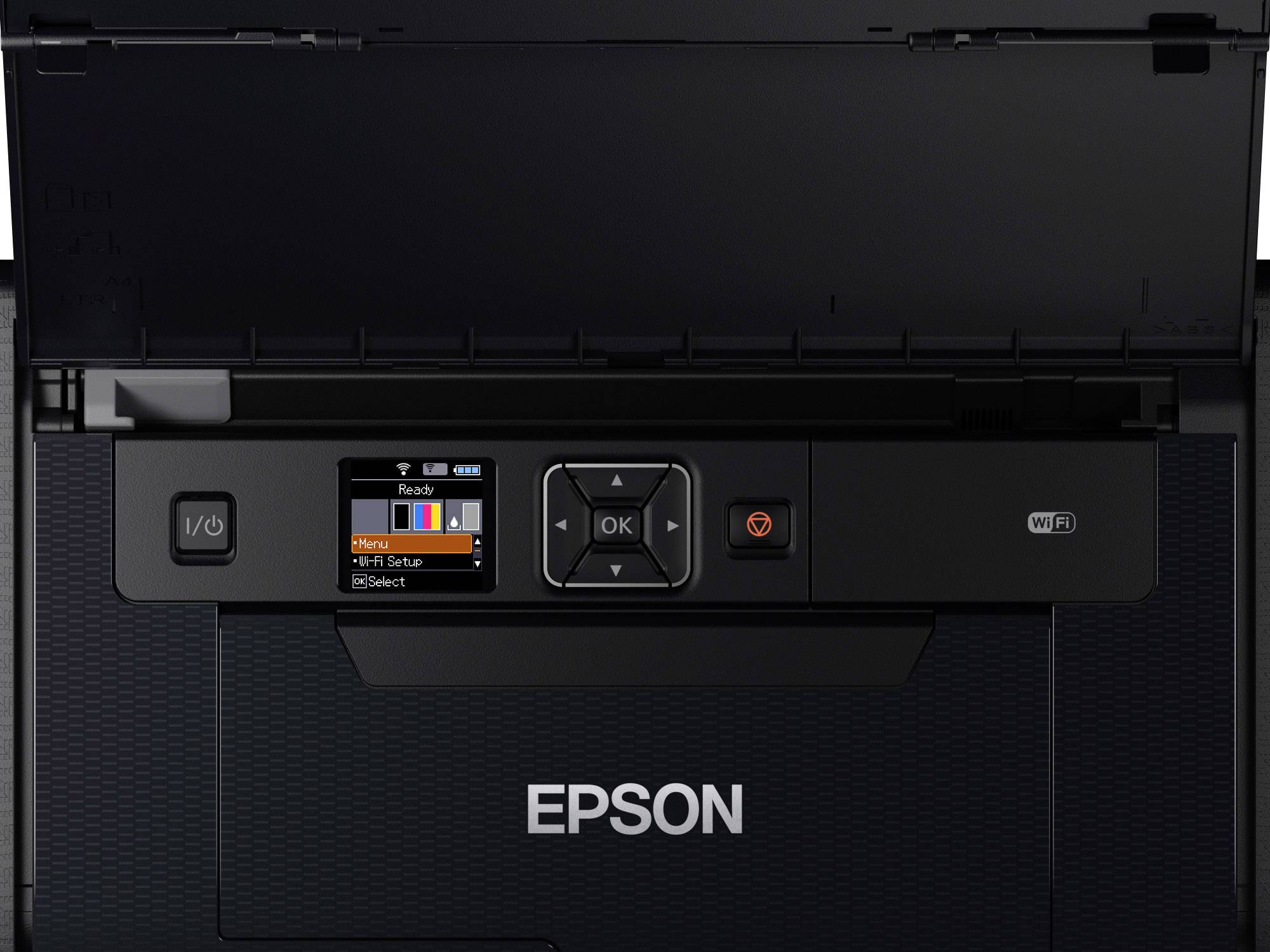 Een Epson-printer met open bovenste lade. Het bedieningspaneel toont de status 'Gereed', met opties voor instellingen en wifi-verbinding.