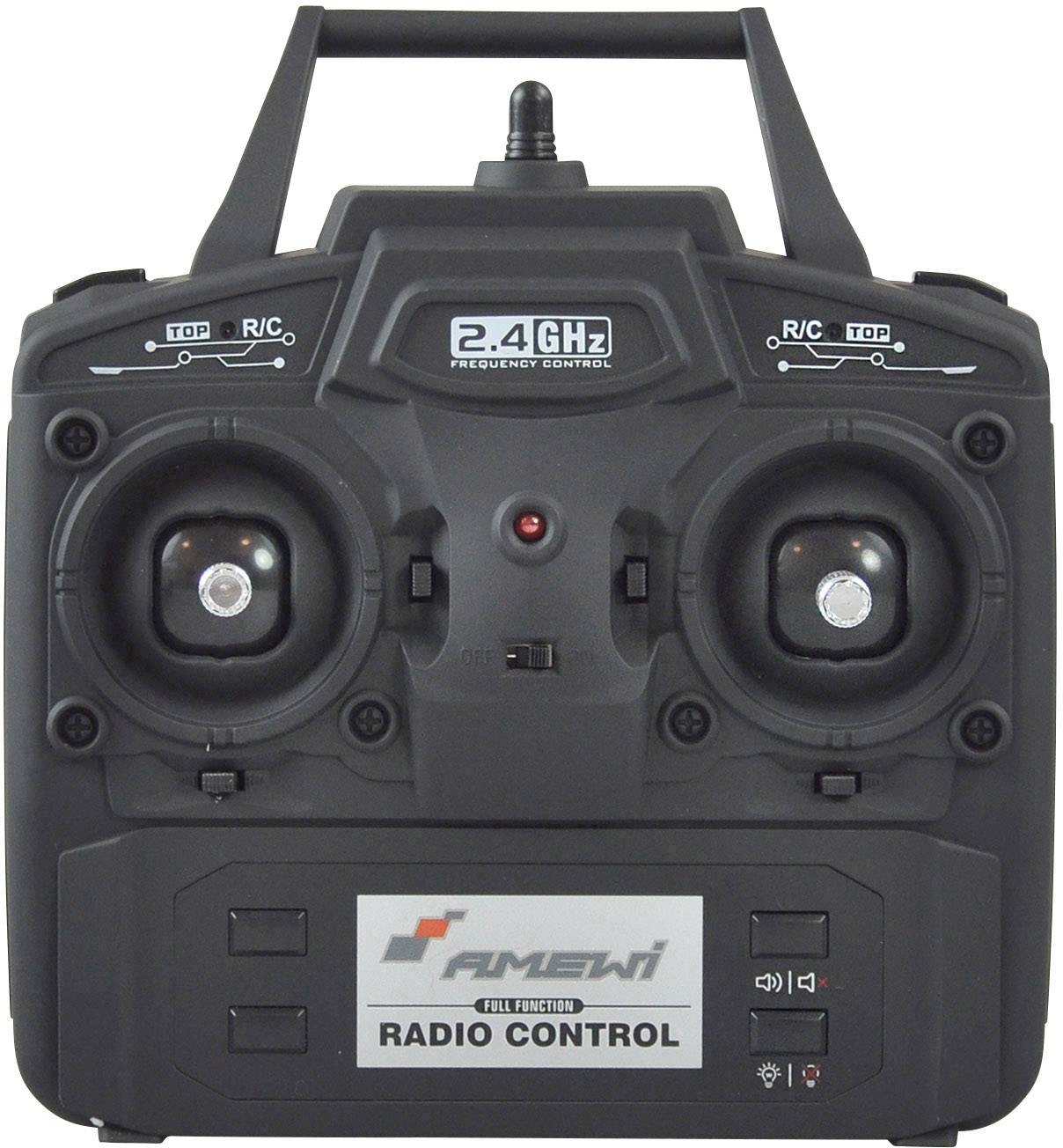 Zwarte afstandsbediening met twee joysticks en een frequentie-indicator van 2,4 GHz. Merknaam 'Amewi' en opschrift 'Radio Control'.