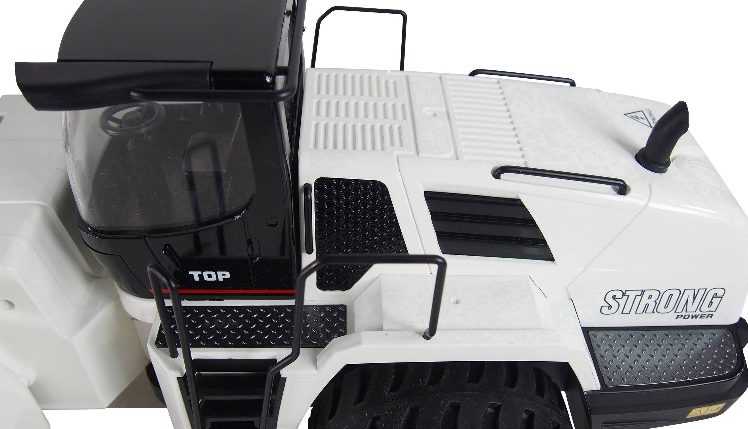 Speelgoedmodel van een witte vrachtwagen met de tekst 'Strong Power' aan de zijkant. De vrachtwagen heeft een zwarte dakopbouw.