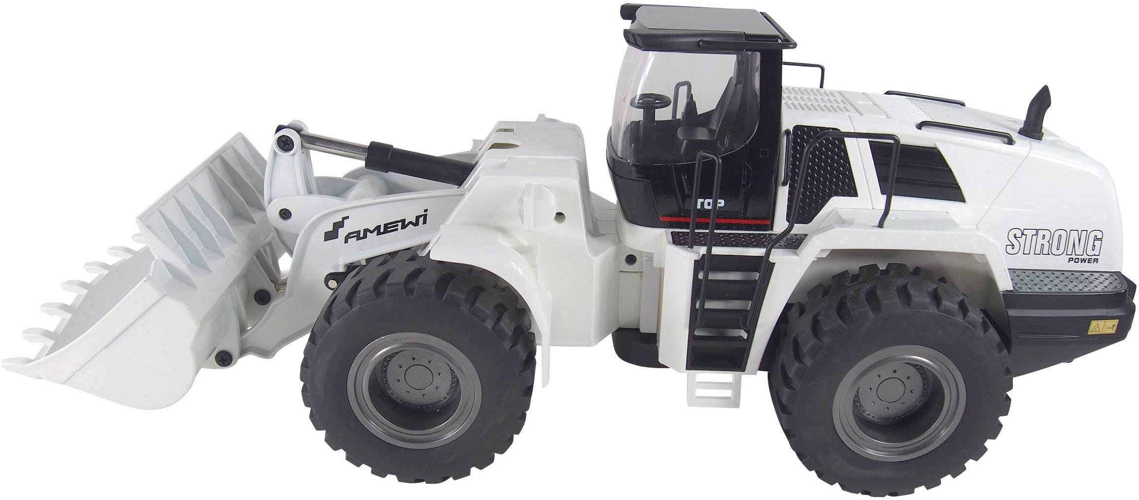 Een witte speelgoed-shovel met de tekst 'Strong Power' op de zijkant, gefotografeerd van opzij tegen een witte achtergrond.