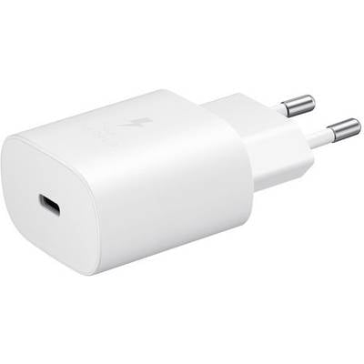 Een witte USB-laadadapter met EU-stekker, liggend aan de zijkant, toont de USB-C-aansluiting aan de voorkant.
