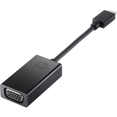 USB-C naar VGA-adapter in het zwart met HP-logo, geschikt voor het aansluiten van oudere VGA-monitors op moderne apparaten met een USB-C-aansluiting.