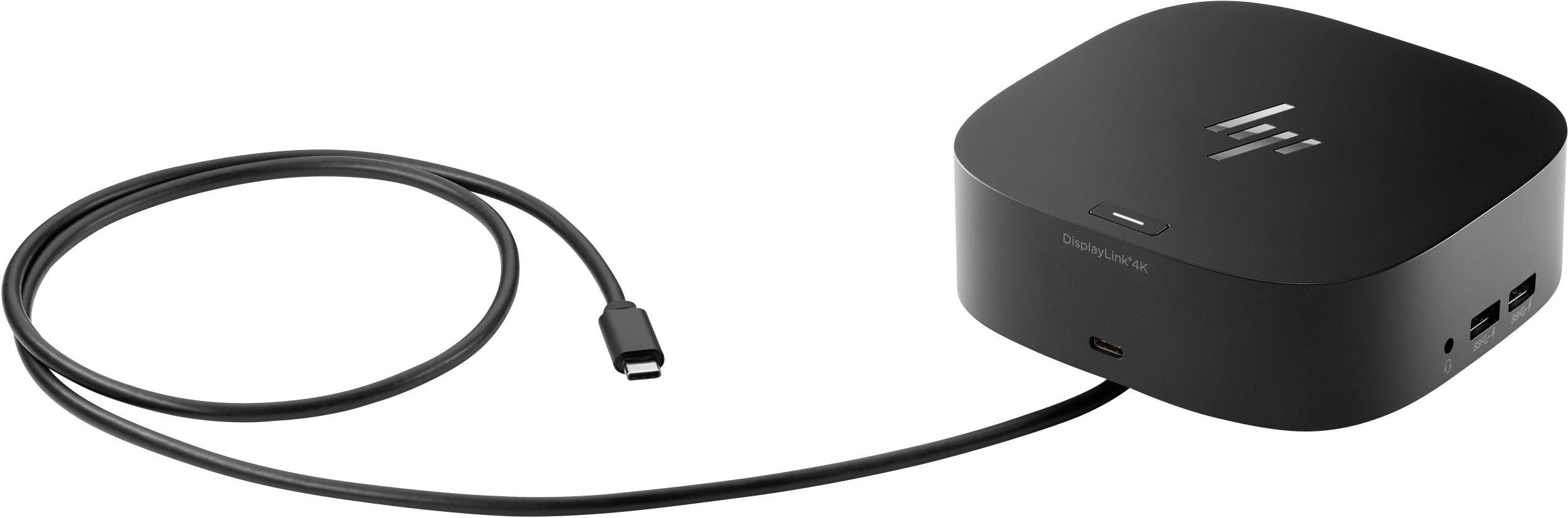 Een zwart HP dockingstation-apparaat met meerdere aansluitingen, inclusief een USB-C-kabel. Ideaal voor het aansluiten van randapparatuur.