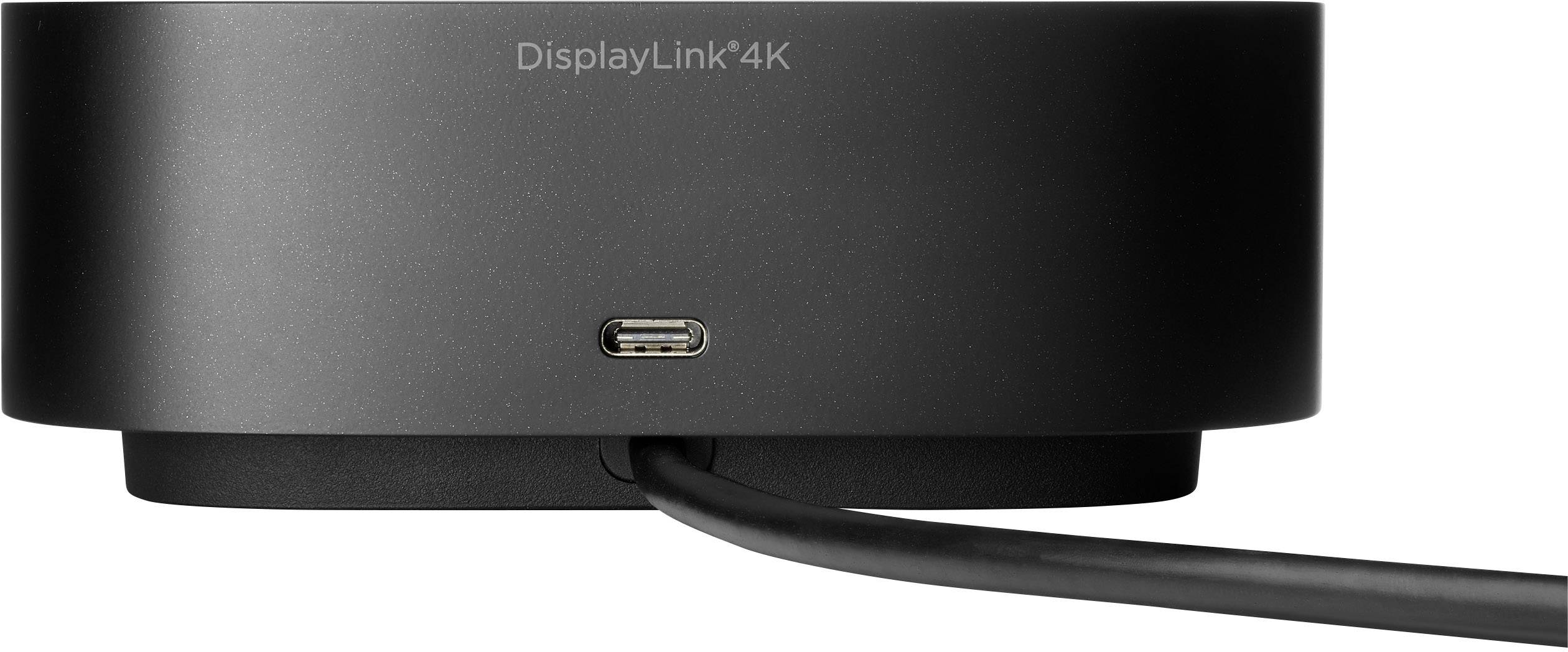 Een zwarte DisplayLink 4K-dockingstation met een kabel die is aangesloten op een USB-C-poort, zichtbaar aan de voorkant.
