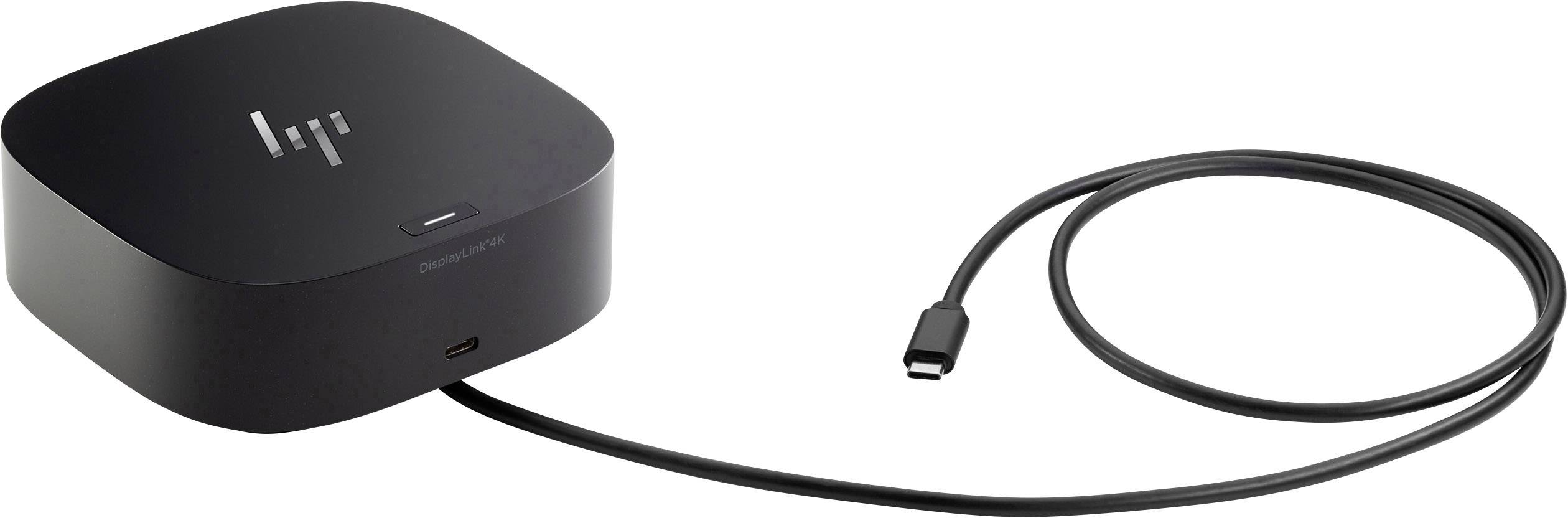 Zwarte dockingstation met kabel en logo op de bovenkant, geschikt voor het aansluiten van laptops via USB-C.
