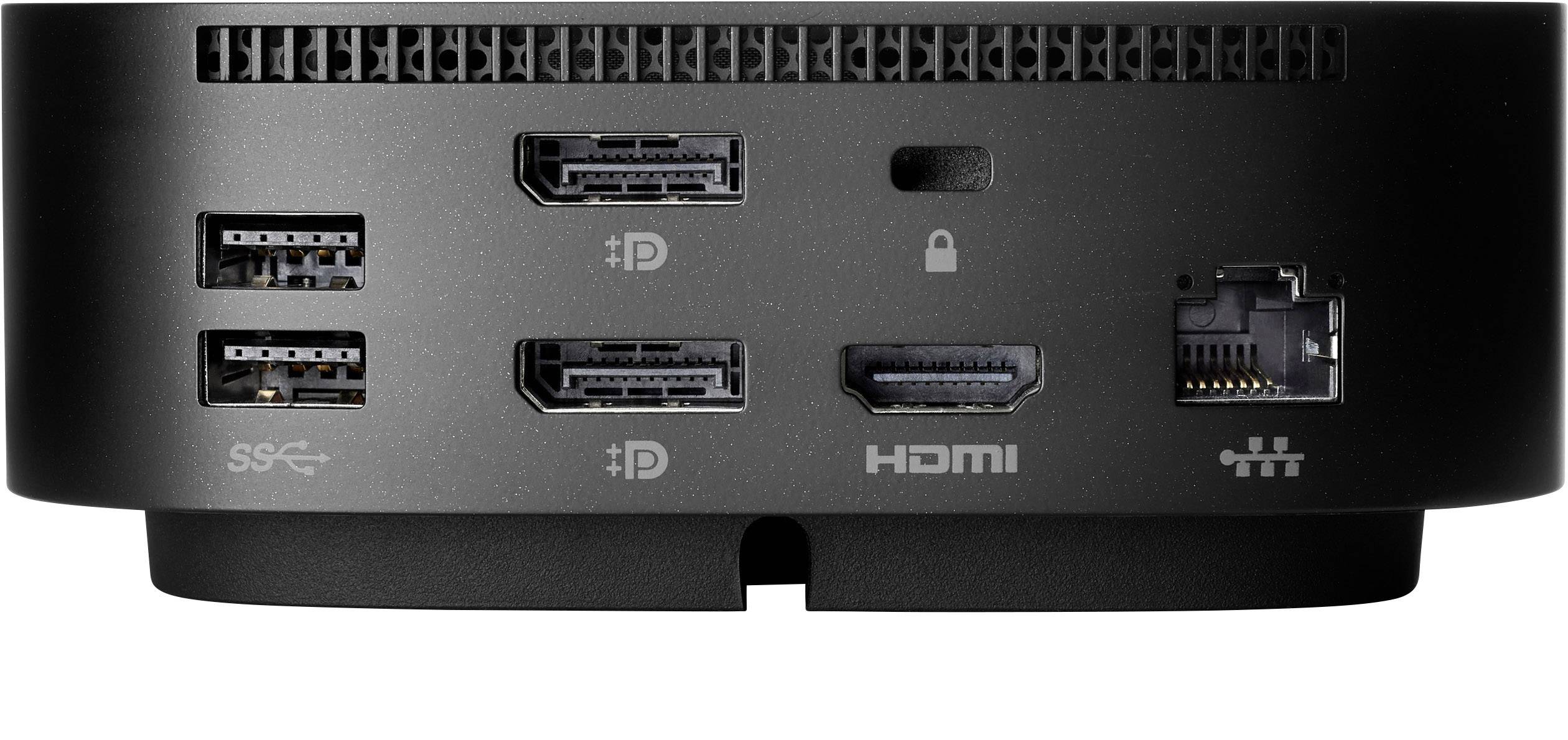 De achterkant van een zwart apparaat toont verschillende aansluitingen: vier USB-poorten, twee DisplayPorts, een HDMI-poort en een Ethernet-poort.