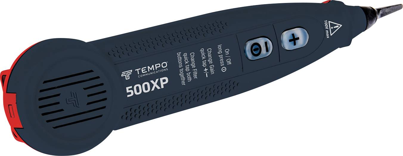Een digitaal meetapparaat genaamd '500XP' van Tempo met functies voor schakelingtest en twee knoppen, blauwe behuizing.