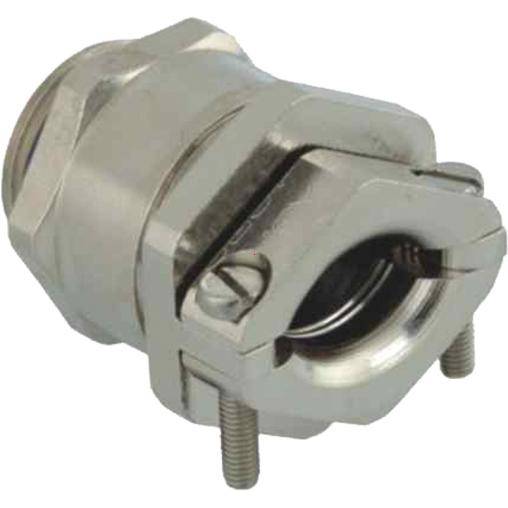 Metalen kabelstekker met schroefverbindingen. Gebruikt voor een veilige aansluiting en afdichting van kabels in elektrische installaties.