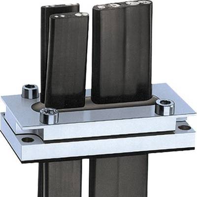 Een zwarte, rechthoekige connector met meerdere kabels is gemonteerd op een zilveren metalen basis. Hij wordt gebruikt voor elektrische aansluiting.