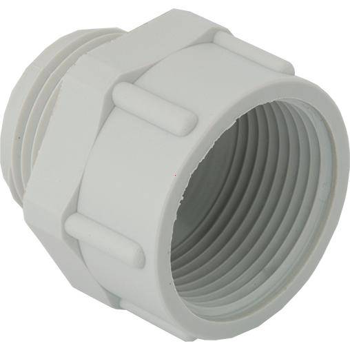 Een witte kunststof fittingadapter met buitendraad, die fungeert als verbindingselement in buisleidingsystemen.
