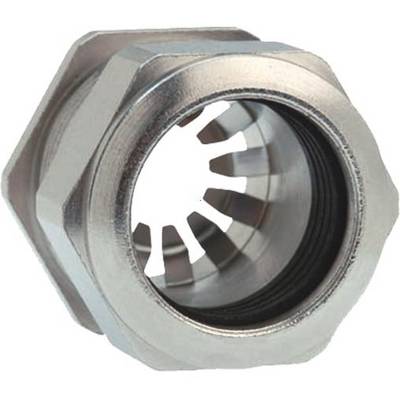 Zeskantmetalen moer met een gat in het midden, toont schroefdraad en glanzend oppervlak, mogelijk onderdeel van een machinebouwcomponent.