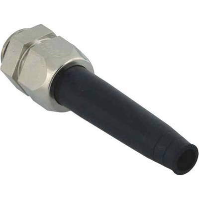 Zwarte slang met metalen aansluiting; wordt gebruikt in hydraulische of pneumatische toepassingen.