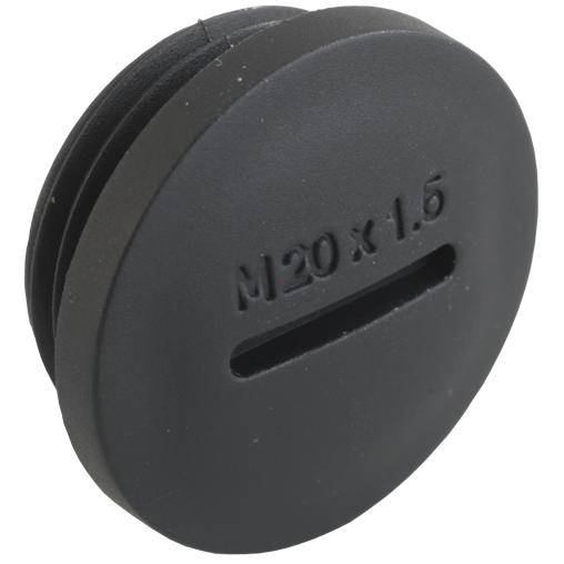 Zwarte rubberen stop met de markering 'M20 x 1.5' en een sleufvormige uitsparing in het midden.