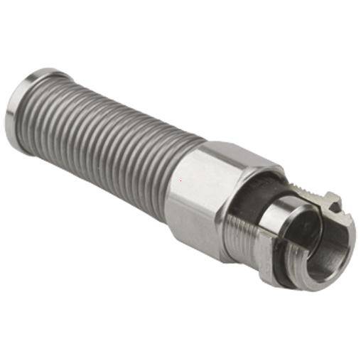 Een zilveren, cilindrische machinedeel met een gegolfd middendeel en een open uiteinde. Geschikt voor mechanische verbindingen.