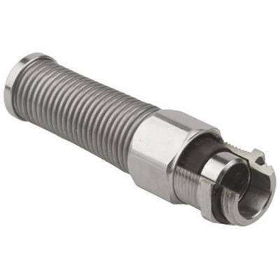 Een zilveren, cilindrische machinedeel met een gegolfd middendeel en een open uiteinde. Geschikt voor mechanische verbindingen.