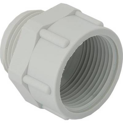 Een witte kunststof draadnippel die wordt gebruikt in installaties om twee buizen met elkaar te verbinden. Rechterdraadzijde zichtbaar.