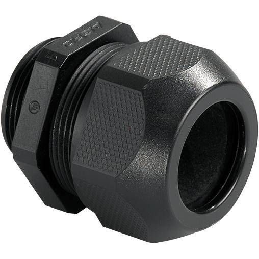 Zwarte kunststof kabelwartel, cilindrische vorm, geprofileerde oppervlak voor betere grip. Ideaal voor veilige kabelaansluitingen.
