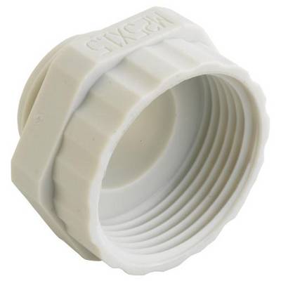 Een witte kunststof schroefdraadring met geribbelde buitenkant, vermoedelijk gebruikt als verbindingselement in sanitaire of buizensystemen.
