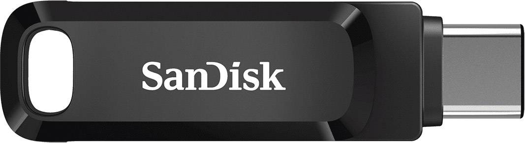 Een zwarte USB-stick van het merk SanDisk met een USB-C-aansluiting, liggend op zijn kant.