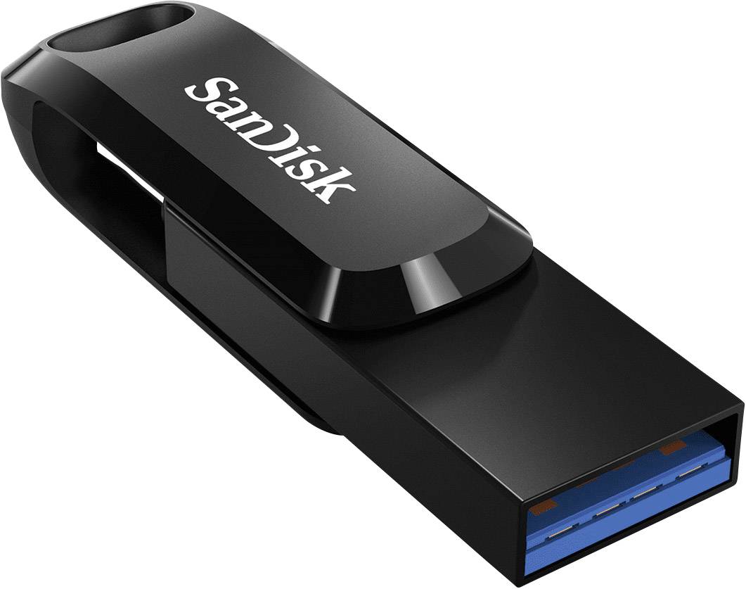 Zwarte USB-stick met de opdruk 'SanDisk'.