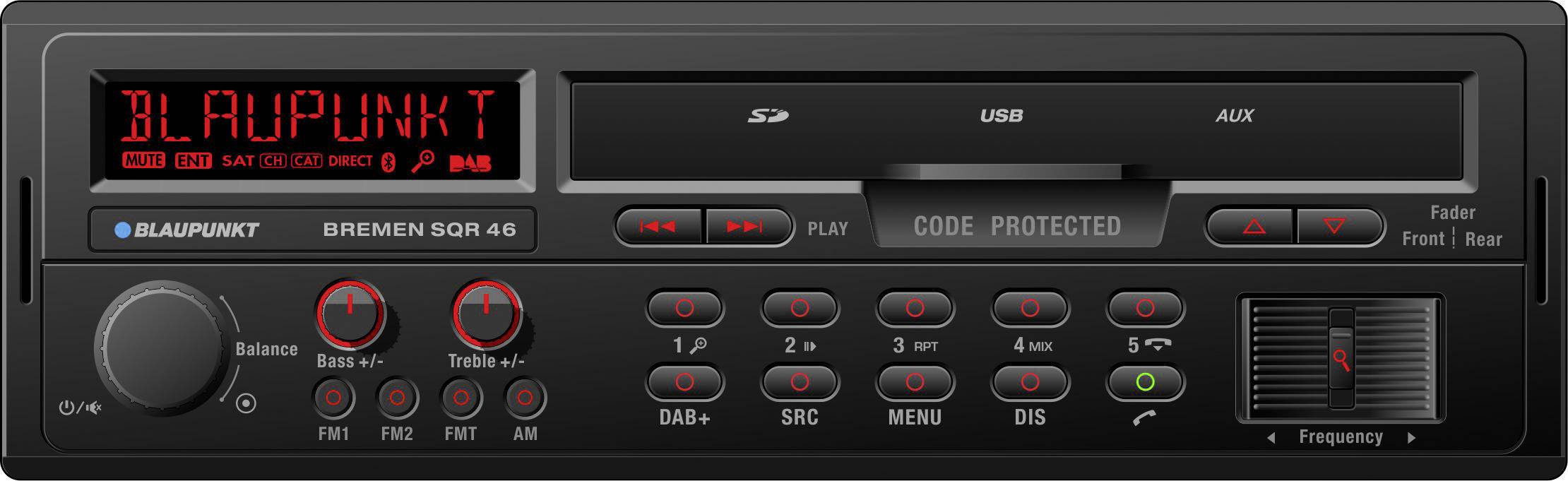 'Blaupunkt Bremen SQR 46' Autoradio met LED-display, SD-kaart- en USB-aansluitingen, evenals knoppen voor radio-instellingen en balans.