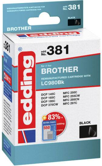 Verpakking van een gereviseerde Edding edd. 381 printcartridge voor Brother-printers, ondersteunt verschillende modellen, kleur Zwart.