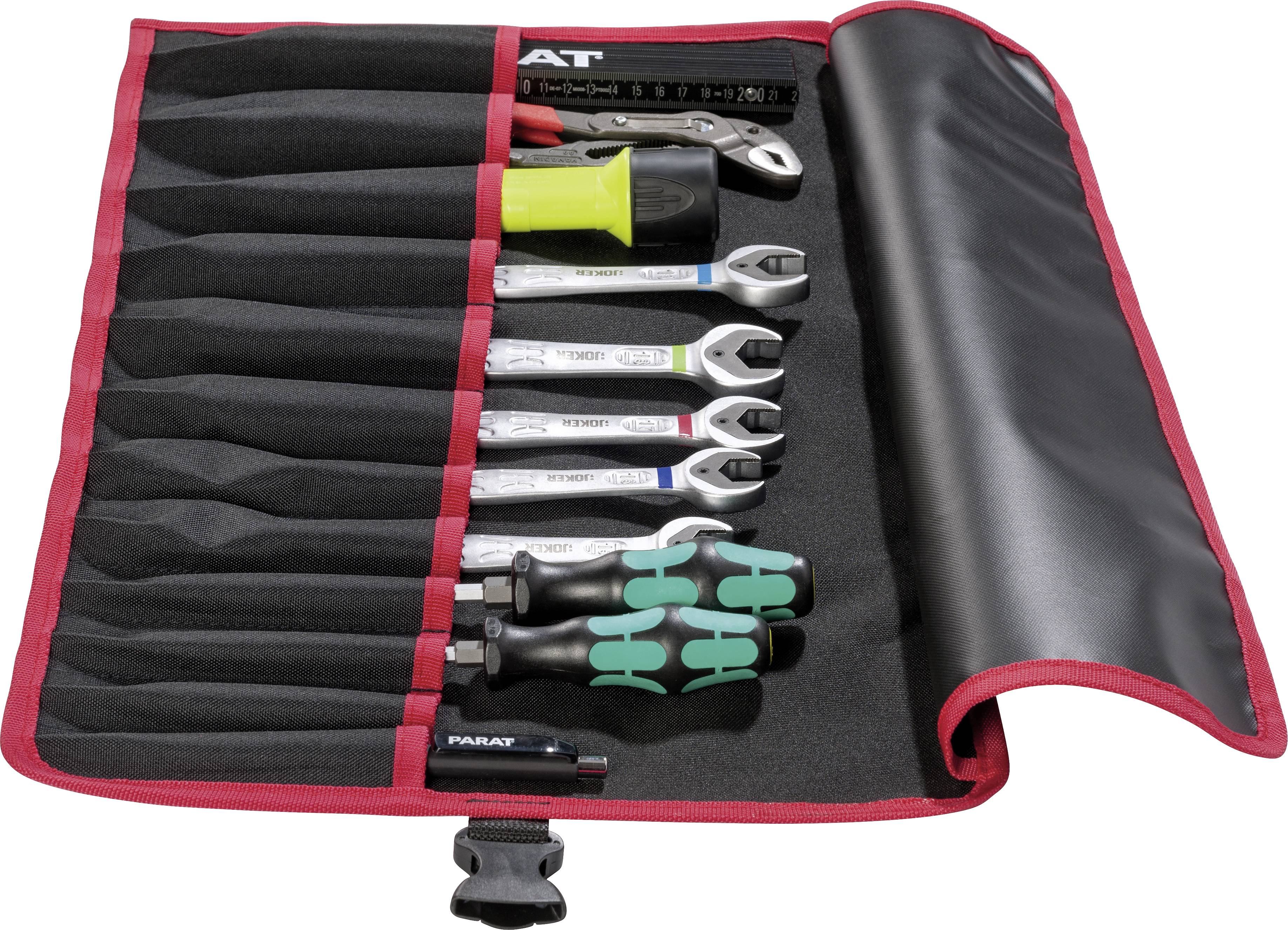 Open, red-black tool bag with various wrenches, torque wrench, and screwdrivers.